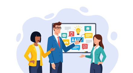 Diverse business team brainstorming ideas on a whiteboard, perfect for presentations about teamwork and innovation.