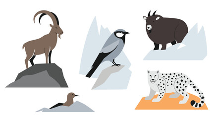 Obraz premium Alpine wildlife collection featuring ibex bird snow leopard yak and seal in mountainous habitat