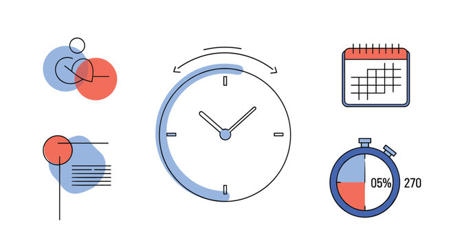 Visual collection of icons representing time management planning scheduling and productivity tools for business operations