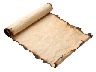 Ancient parchment scroll with burned edges on black background