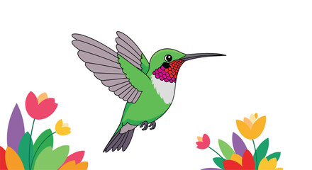 Obraz premium A vibrant green hummingbird hovers amongst beautiful colorful spring flowers attracting attention with its delicate wings