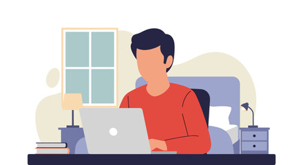 Man working from home on laptop, illustration for blog, website or article about remote work.