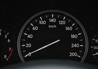 Close up of a car speedometer showing speed in kilometers per hour and miles per hour