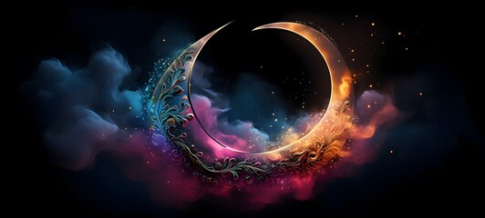 a light Crescent moon , coming out of the smoke, generative AI