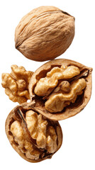 Nutritional Treasures: An inviting close-up of a whole walnut alongside its shelled halves, revealing the wholesome essence of this culinary delight, showcasing its natural form and texture.