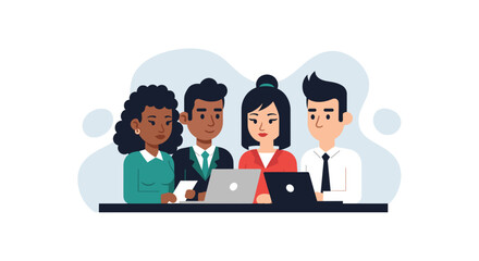 Diverse team collaborating on laptop, ideal for website banners or presentations on teamwork.