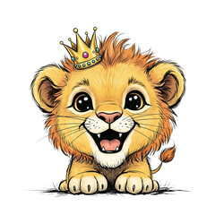 Cute baby lion wearing a golden crown isolated on transparent background