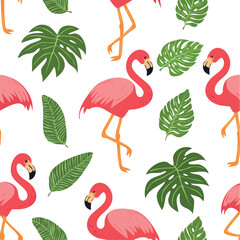 Obraz premium Seamless vector pattern with pink flamingos and green tropical palm leaves. Summer exotic background in a flat design style for textile or wallpaper.