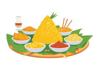Festive Yellow Rice with Bowls of Accompaniments - Vector Illustration