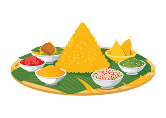 Traditional Yellow Rice with a Variety of Sides - Vector Illustration
