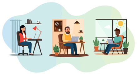 Diverse team working remotely from home offices, ideal for illustrating remote work, collaboration, and work-life balance on websites or brochures.