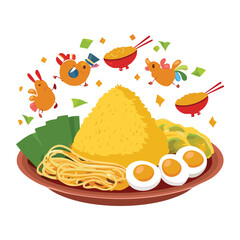 Traditional Yellow Rice with a Variety of Side Dishes - Vector Illustration