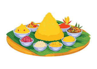 Traditional Yellow Rice with a Variety of Side Dishes - Vector Illustration