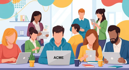 Diverse team of coworkers collaborating on laptops and tablets in a modern office setting. Perfect for website banners, presentations, or marketing materials.