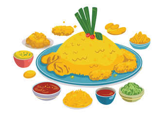 Festive Yellow Rice Dish with Fried Chicken - Vector Illustration