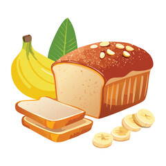 Sliced Banana Bread with Whole and Sliced Fruit - Vector Illustration