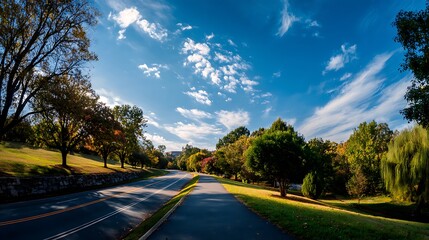 Driving on Scenic Road Lined with Trees and Clouds in Blue Sky