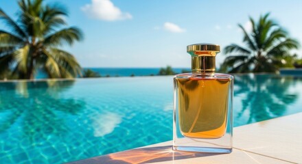 Perfume bottle at poolside edge with palm trees reflecting blue water