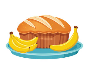 Homemade Banana Bread Loaf with Sliced Fruit - Vector Illustration