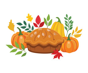 Fresh Baked Muffin with Pumpkin and Fall Leaves - Vector Illustration