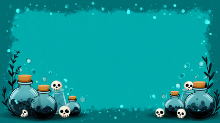 Naklejka premium Halloween Potion Bottle Skull Frame on Teal Background for Spooky Design
