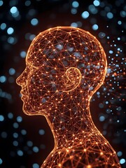 Futuristic Glowing Wireframe Head Profile – Digital AI Mind with Orange & Blue Bokeh Background