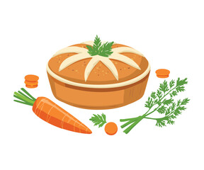 Round Carrot Pie Tart with Parsley Garnish - Vector Illustration