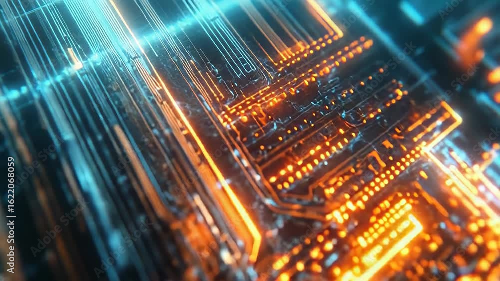 Poster futuristic circuitry glowing with data flowing through complex network