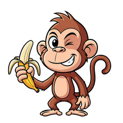 Cute cartoon monkey holding a banana isolated on transparent background