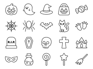 ハロウィンのシンプルな線画アイコンセット