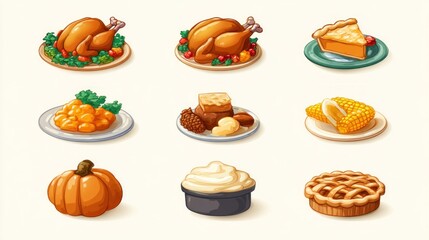 Thanksgiving feast illustrations showcasing traditional dishes