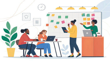 Diverse team brainstorming ideas on a whiteboard, perfect for website landing pages or project management brochures.