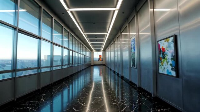 arafed hallway with a long black marble floor and a long window
