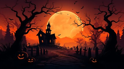 Halloween night spooky haunted house with pumpkins and bats full moon vector illustration background art