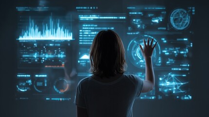 Woman Interacting with Futuristic Interface, Data Visualization and Technology