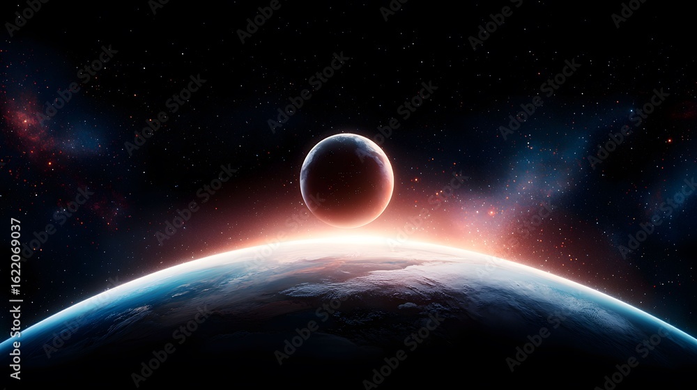 Poster the image displays a view of earth from space, with a smaller planet glowing above, all set against 