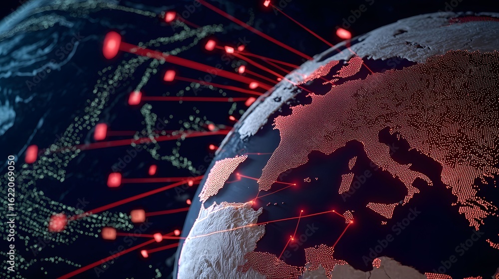 Poster the image shows a digital visualization of earth with glowing red dots representing cities, connecte