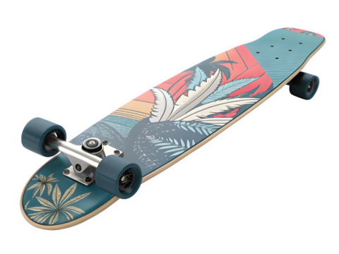 Colorful tropical leaf design skateboard on black background
