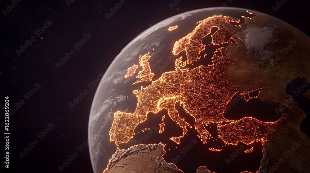 Poster an image of earth features a network of glowing lines forming a map of europe, set against the backd