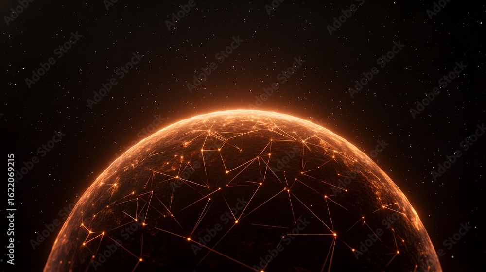 Aufkleber the image shows a bright, glowing planet with interconnected lines across its surface, set against a