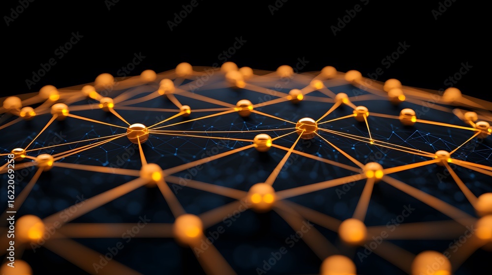 Aufkleber this image displays a network of interconnected golden spheres with glowing orange lines, against a 