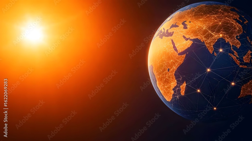 Poster the image features an illuminated earth on the right with visible continents like africa and asia, s