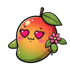Cute kawaii mango character with heart eyes isolated on transparent background