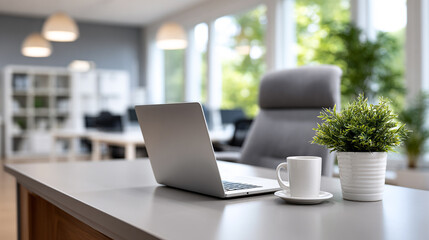 Fototapeta premium Laptop and Coffee Cup on Desk in Modern Office Interior Work Space