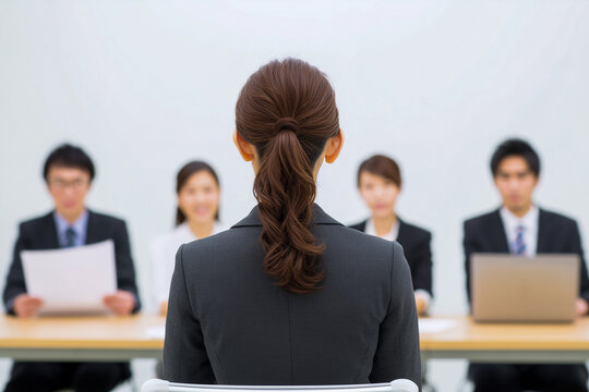 Corporate hiring scene, woman applicant sits in front of diverse interview panel
