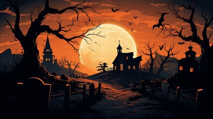 Halloween night spooky graveyard church with full moon and bats vector illustration background art