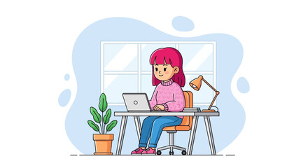 Fototapeta premium Young woman working on laptop at home office, perfect for blog, website or social media.