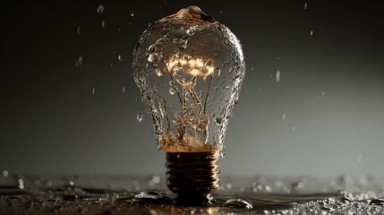 Light bulb filled with water glowing softly surreal fantasy contrast imaginative lighting