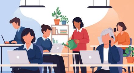 Diverse team of colleagues working in a modern office, perfect for illustrating teamwork and collaboration.