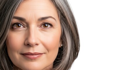 Woman with graying hair gazing directly with makeup and a serene expression
